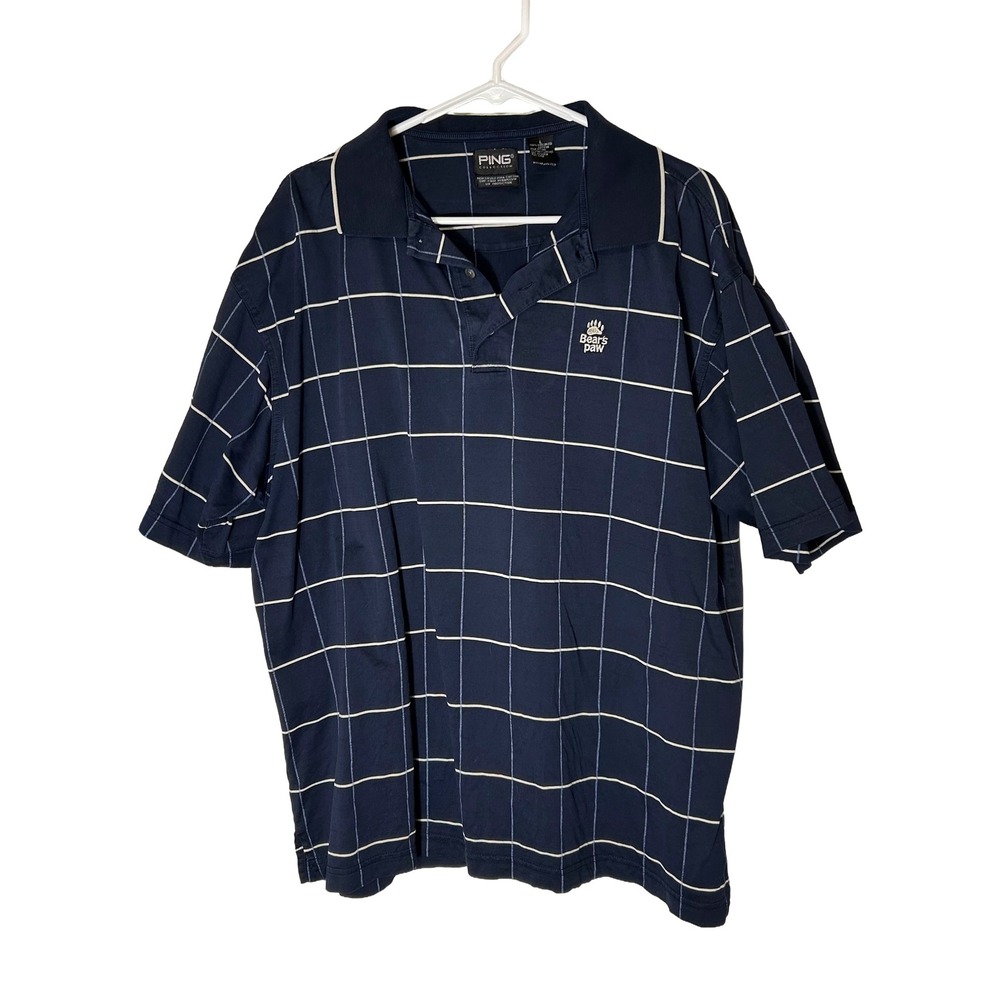 Ping Collection Mens L Navy Blue Windowpane Pima Cotton Golf Polo Bears Paw Logo